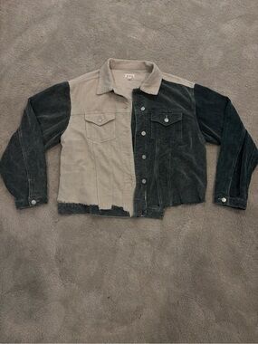 Two-Tone Corduroy Trucker Jacket - Beige & Dark Green